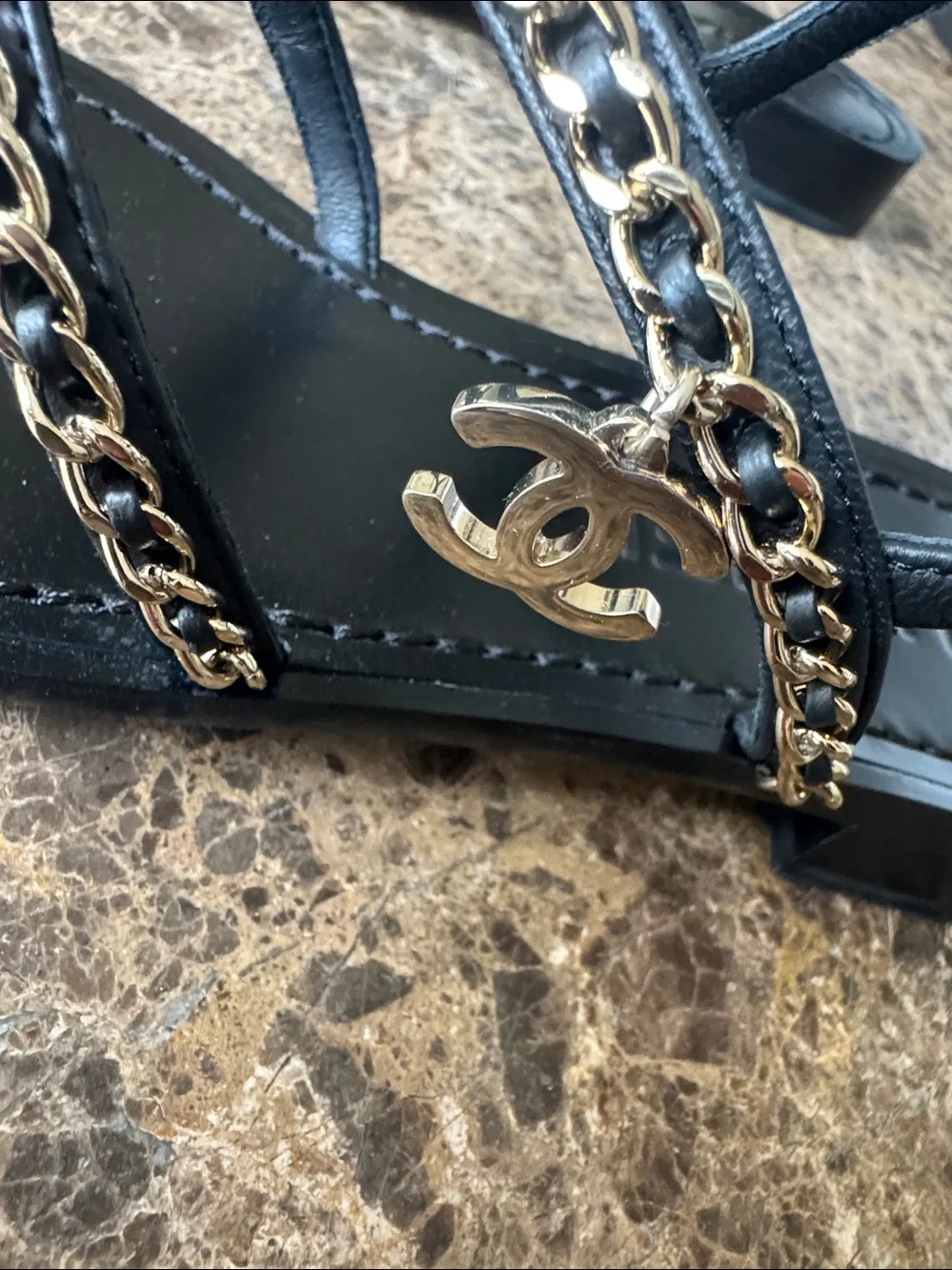Chanel black leather gold chain sandals flats charms sz 38